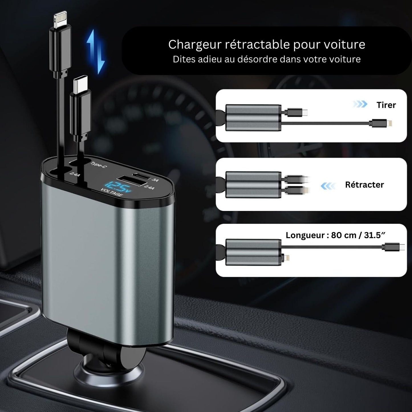 Chargeur de Voiture Retractable, 120W Charge Rapide Chargeur Voiture avec Affichage de La Tension pour Véhicules 12V-24V